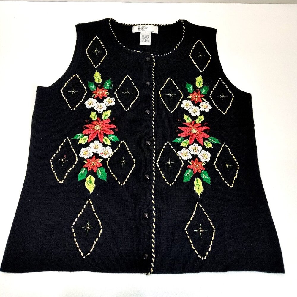 Kikit Christmas Sweater Vest Small Beaded Embroidery Sleeveless Maurice Sasson